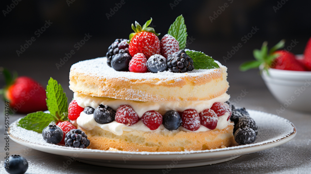 Tasty cake with strawberry, raspberry and blackberry on a wooden table Tasty cake with strawberry, raspberry and blackberry on a wooden table