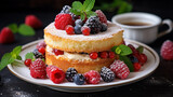 Homemade cake with fresh berries on wooden background.