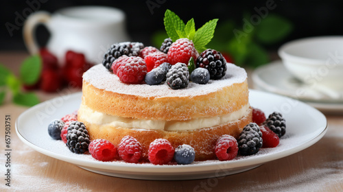 Homemade cake with fresh berries on wooden background.