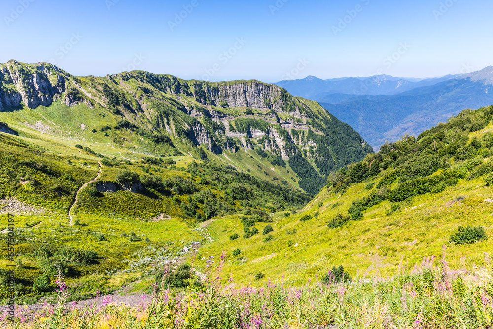 Summer mountain landscape at Krasnaya Polyana mountain resort, Sochi, Russia