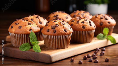 chocolate muffins on a wooden background