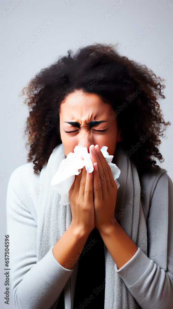 Woman sneezing into a paper tissue. Concept of allergies, colds and getting sick. Shallow field of view with copy space. Woman sneezing into a paper tissue. Concept of allergies, colds and getting sick. Shallow field of view with copy space.