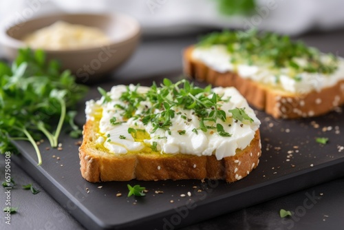 open-faced cheese sandwich with a sprinkle of herbs on top
