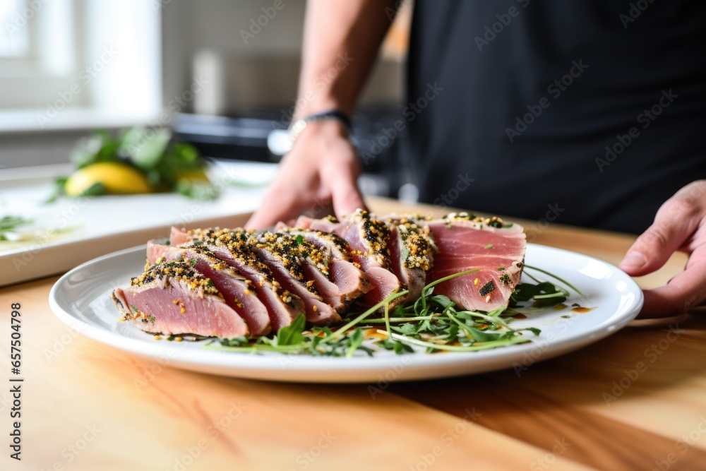 hand holding a white plate with sliced seared tuna steak