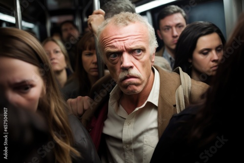 disgruntled man in crowded bus