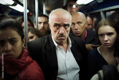 disgruntled man in crowded bus