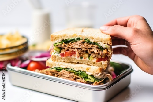 hand placing a shawarma sandwich into a lunchbox photo