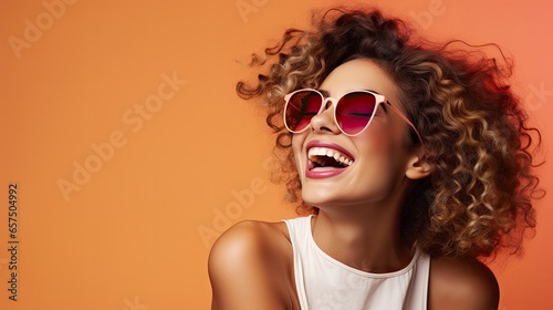 Woman laughing with sunglasses on studio