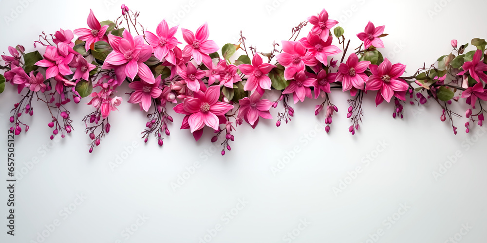 Pink Fuchsia flowers on a white background with copy space.