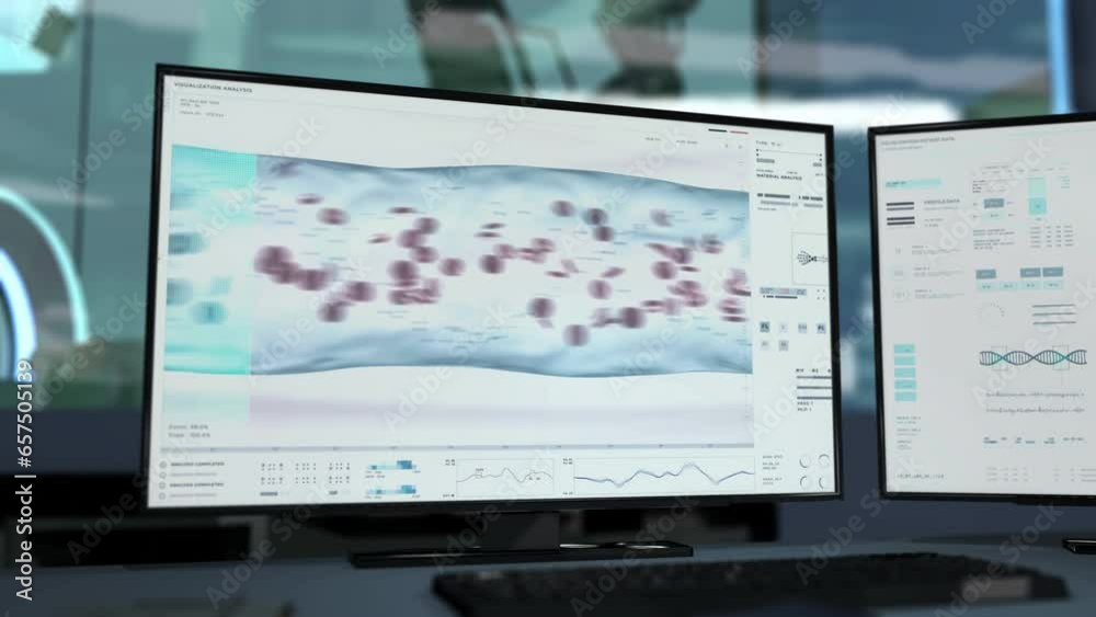 Blood cell analysis at the modern research clinic. Analyzing the cells under the microscope to identify the patients blood type. Analyzing multiple cells flowing inside of the bloodstream. Blood cell analysis at the modern research clinic. Analyzing the cells under the microscope to identify the patients blood type. Analyzing multiple cells flowing inside of the bloodstream.