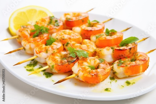brightly lit shrimp skewers on a white dish