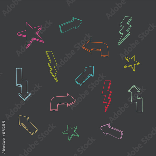 Colorful star, arrow, lightning icons set flat vector isolated on black background. Hand drawn simple icons set