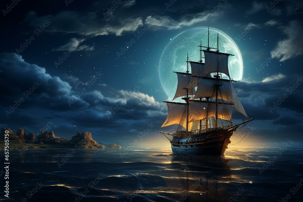 photo of maritime vessel sailing under moonlit sky on sea. Generative AI