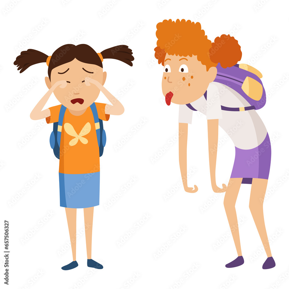 Kids bullying. Childish bullies or verbal and physical conflict between children. Bad child behavior, scared and strong angry children conflict, cartoon characters confrontation