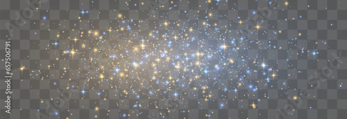 Vector magical light dust, dusty shine. Flying particles of light. Christmas light effect. Sparkling particles of fairy dust glow in transparent background. Vector illustration on png.