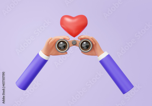 Planning searching cartoon character hands holding binoculars looking for love care hearts like family in love, happy valentines day, cartoon minimal cute smooth. 3d rendering illustration. elements