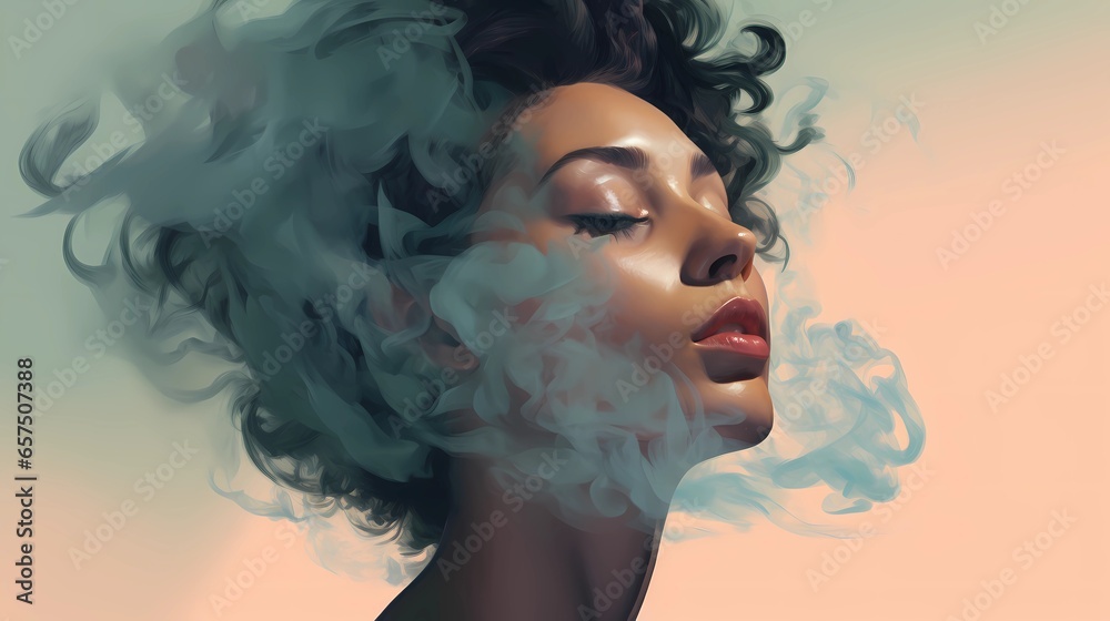 Woman's face in profile emerging from colorful smoke, international women's day, March 8