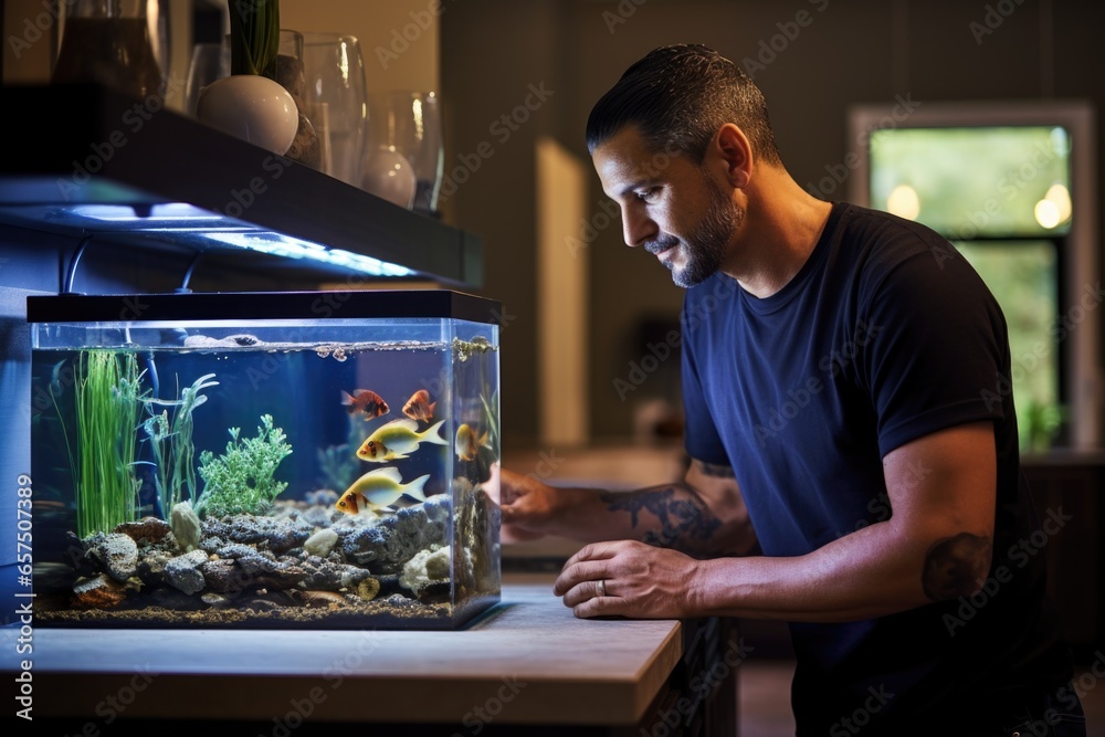 man tending a home aquarium