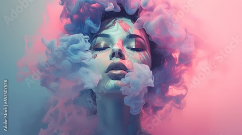 Portrait of a liberated woman, sensual female face emerging from multi-colored smoke, symbol of Women's Day