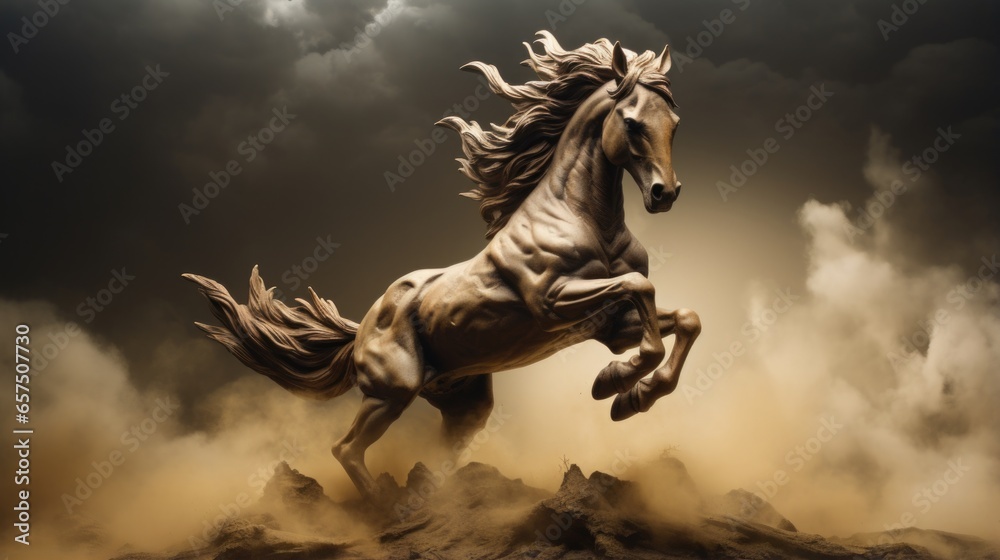 Mythical horse sculpture made from brown bronze clay depicting a legendary stallion that runs in a desert only when a huge sand storm appears. Mythical horse sculpture made from brown bronze clay depicting a legendary stallion that runs in a desert only when a huge sand storm appears.
