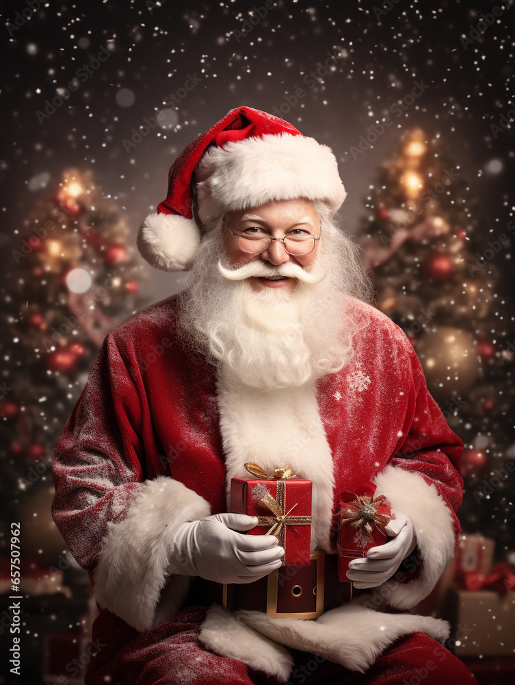 Portrait of happy Santa Clouse with gifts and christmas tree for Christmas design. New Year greeting. Portrait of happy Santa Clouse with gifts and christmas tree for Christmas design. New Year greeting.