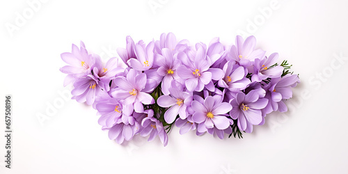 Colchicum flowers on a white background with copy space.
