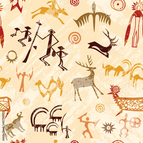 A series of petroglyphs, cave drawings, vector design, seamless pattern