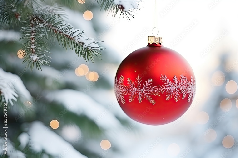 Red Christmas ball hanging a natural branch of a tree. Generative AI Red Christmas ball hanging a natural branch of a tree. Generative AI