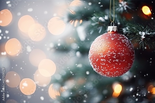Red Christmas ball hanging a natural branch of a tree. Generative AI