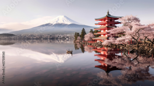 a traditional Japanese temple on the right with traditional red gate, Mont fuji on the left.generative ai