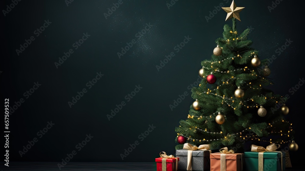 Christmas tree with Christmas gifts over dark green background with copy space. Generative AI