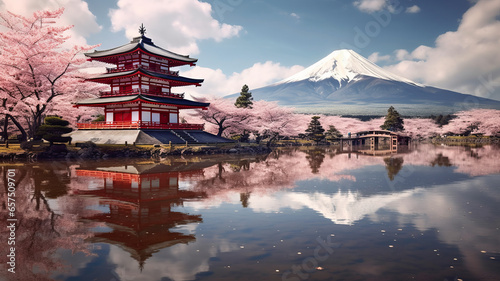 a traditional Japanese temple on the right with traditional red gate, Mont fuji on the left.generative ai