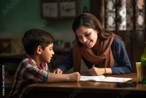 indian female tutor teaching english to a young boy photo