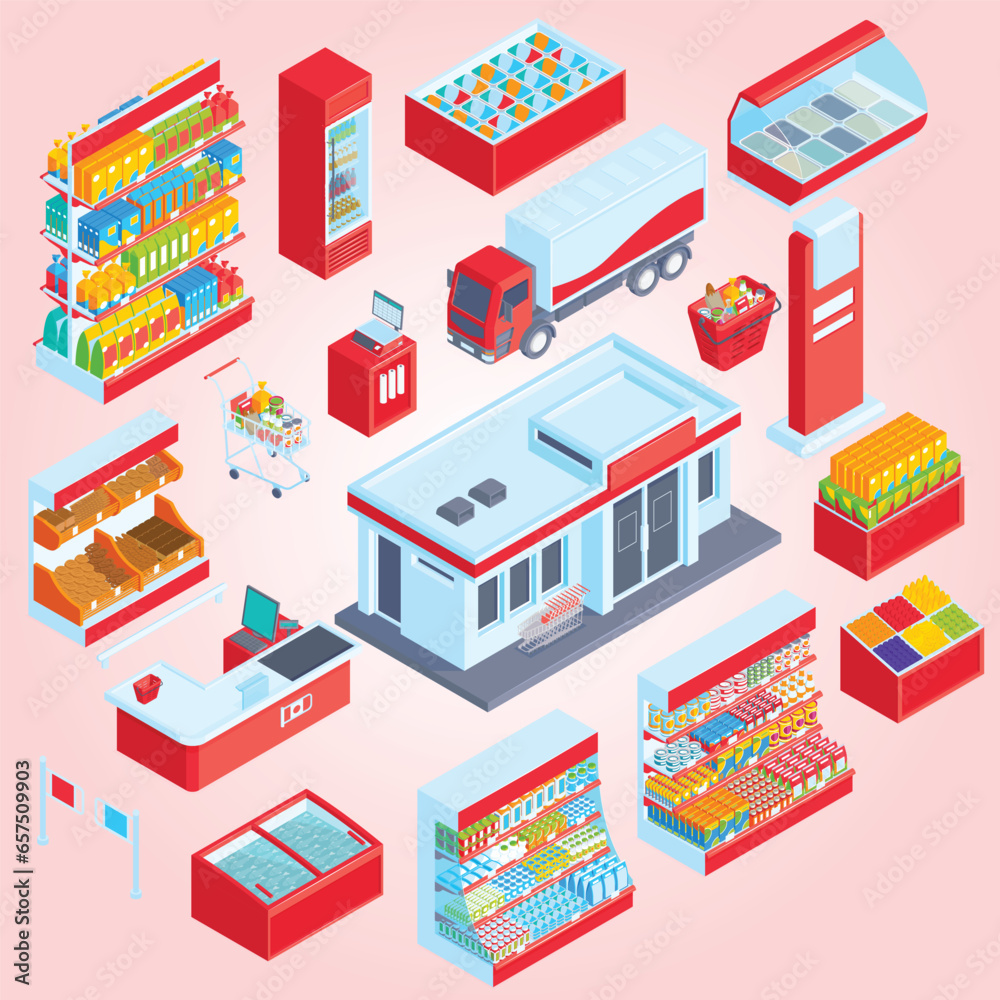 isometric supermarket set with isolated display icons shelves with food products fridges shopping cart 3d isolated vector illustration
