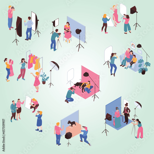 professional cameraman workflow process isometric color set models photographers different interiors isolated vector illustration