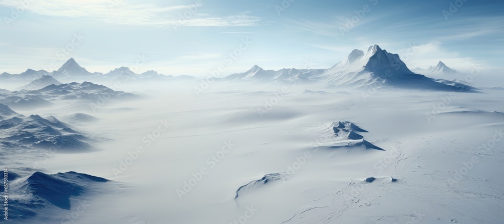 In this wide-format background image, an aerial view capturing a vast expanse of snow-blanketed land and majestic mountains on a windy day under a clear sky. Photorealistic illustration