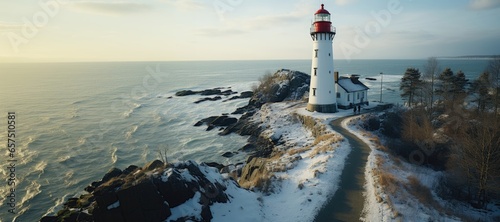 In this wide-format background image, an aerial view showcasing a lighthouse standing tall on a snow-covered coastline, with the horizon stretching out in the distance. Photorealistic illustration