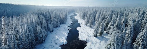 An aerial view unfolding the serene beauty of a river meandering through a vast expanse of snow-covered forest, offering a captivating and panoramic vista. Photorealistic illustration