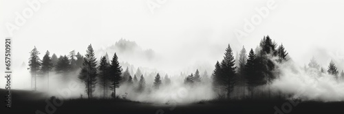 In this wide-format background image, a dense mist shrouding the forest, creating a black and white atmospheric scene against a white background. Photorealistic illustration photo