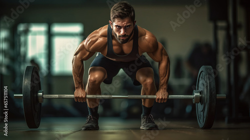 Muscular man preparing to do deadlift.,generative ai