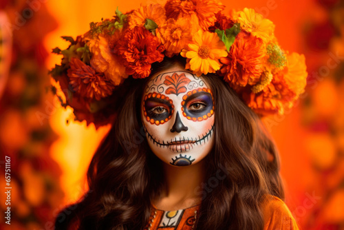 Portrait of young woman with la Catrina makeup for Day of The Dead