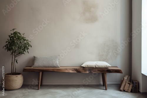 Fototapeta Aged wood bench with pillows near stucco wall in modern living room