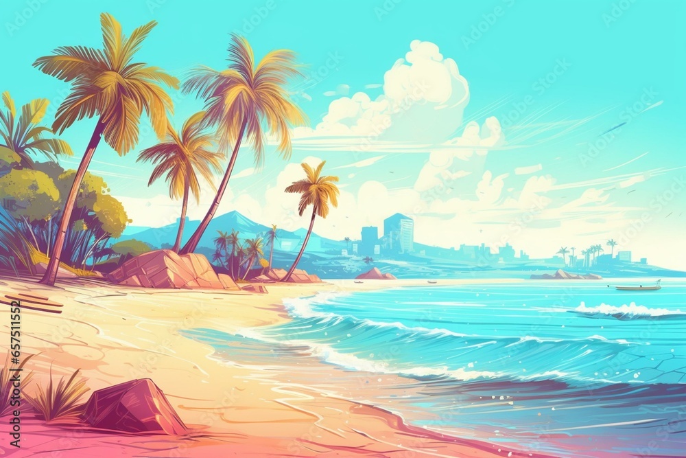 Illustration of a vibrant summer beach with palm trees and a serene sea, showcasing a tropical island drawing. Generative AI