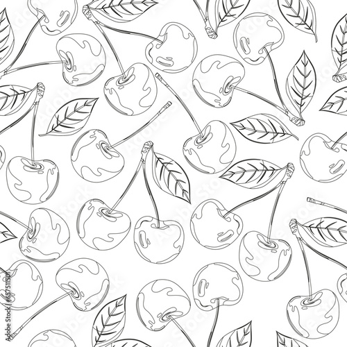 seamless pattern with outline cherry on white background
