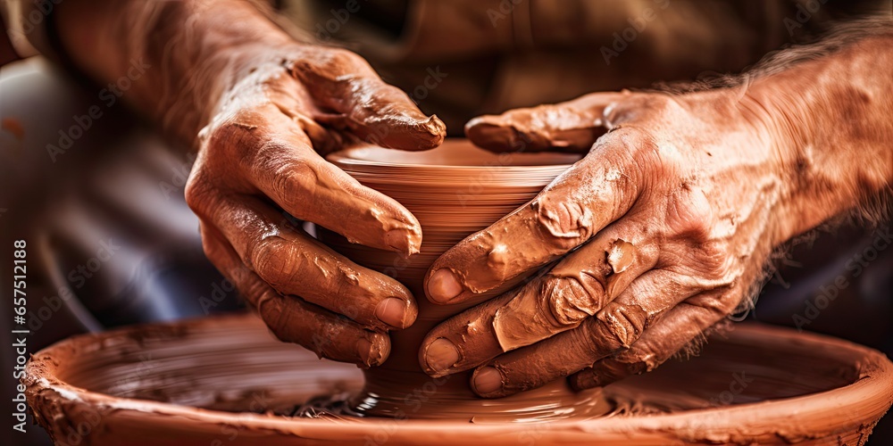 Expert Potter making exquisite clay art with Handmade Pot Design - Closeup Human Hands Creating Pot - obrazy, fototapety, plakaty 