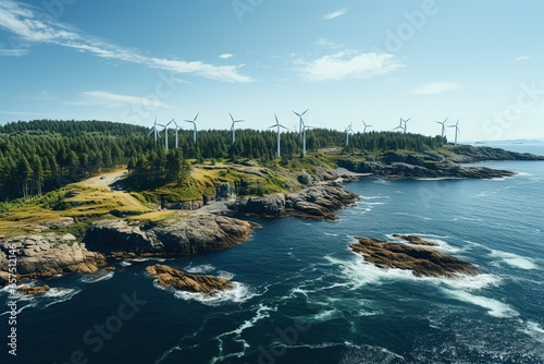 photograph of Wind turbine. Aerial view of wind turbines or windmills farm field in blue sea in Finland. Sustainable green clean energy