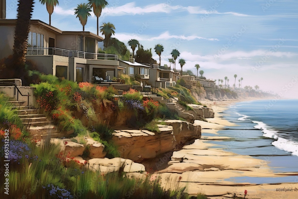 Scenic coastal dwellings in Encinitas, San Diego, CA, USA. Generative AI - obrazy, fototapety, plakaty 
