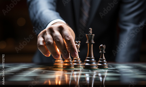 businessman's hand expertly maneuvering a chess piece on a detailed chess board