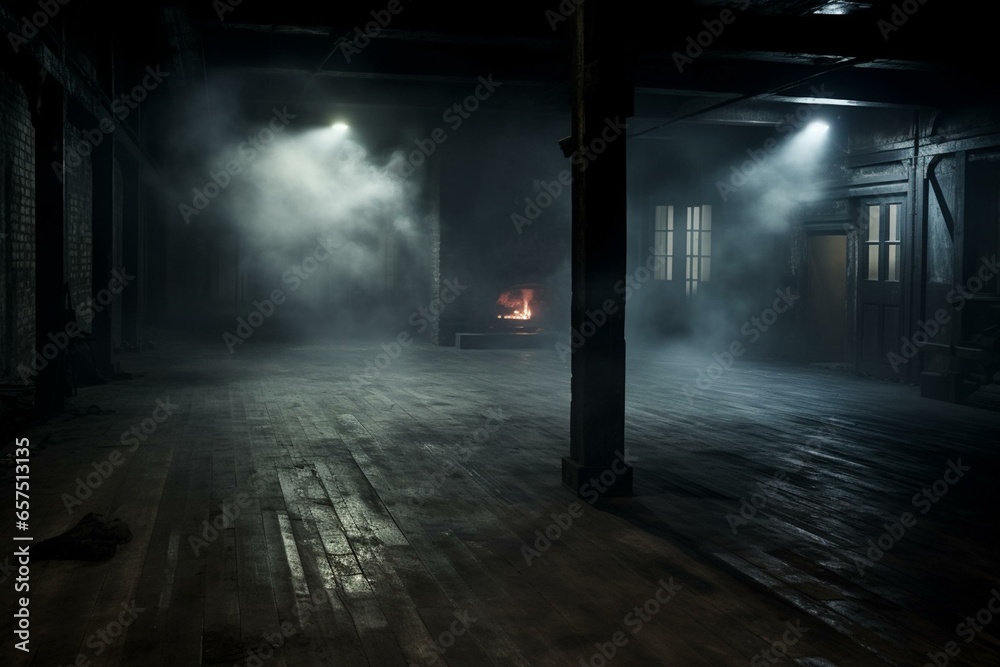 A desolate, dimly lit area with aged wooden flooring enveloped in a mysterious combination of smoke and mist. Generative AI