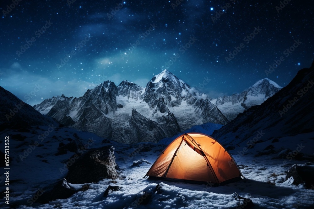 Nighttime snowy mountains tent with starry sky and milky way. Generative AI